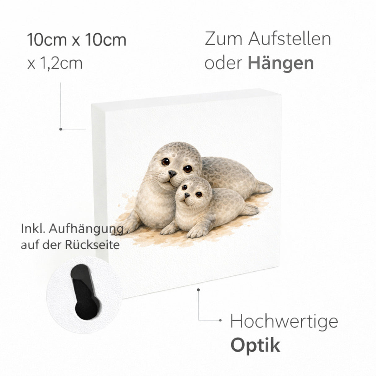 Robben Charme Robbenmutter mit Jungem Holzbild in 10x10 cm zum Stellen oder Aufhängen