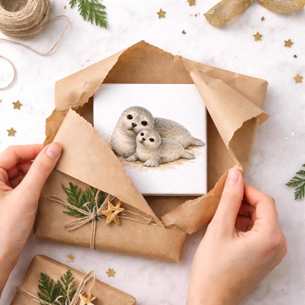 Robben Charme Robbenmutter mit Jungem Holzbild in 10x10 cm zum Stellen oder Aufhängen
