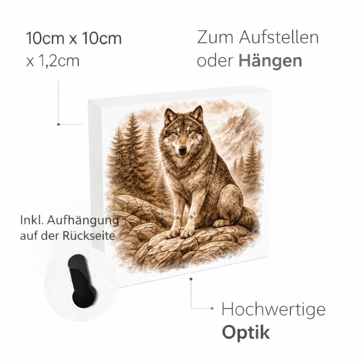 Wolfsmagie Wolf im Wald Holzbild in 10x10 cm zum Stellen oder Aufhängen