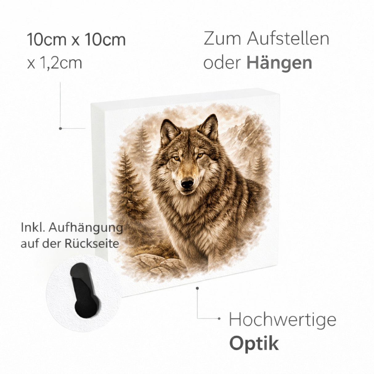 Wolfsmagie Wolf Porträt Holzbild in 10x10 cm zum Stellen oder Aufhängen
