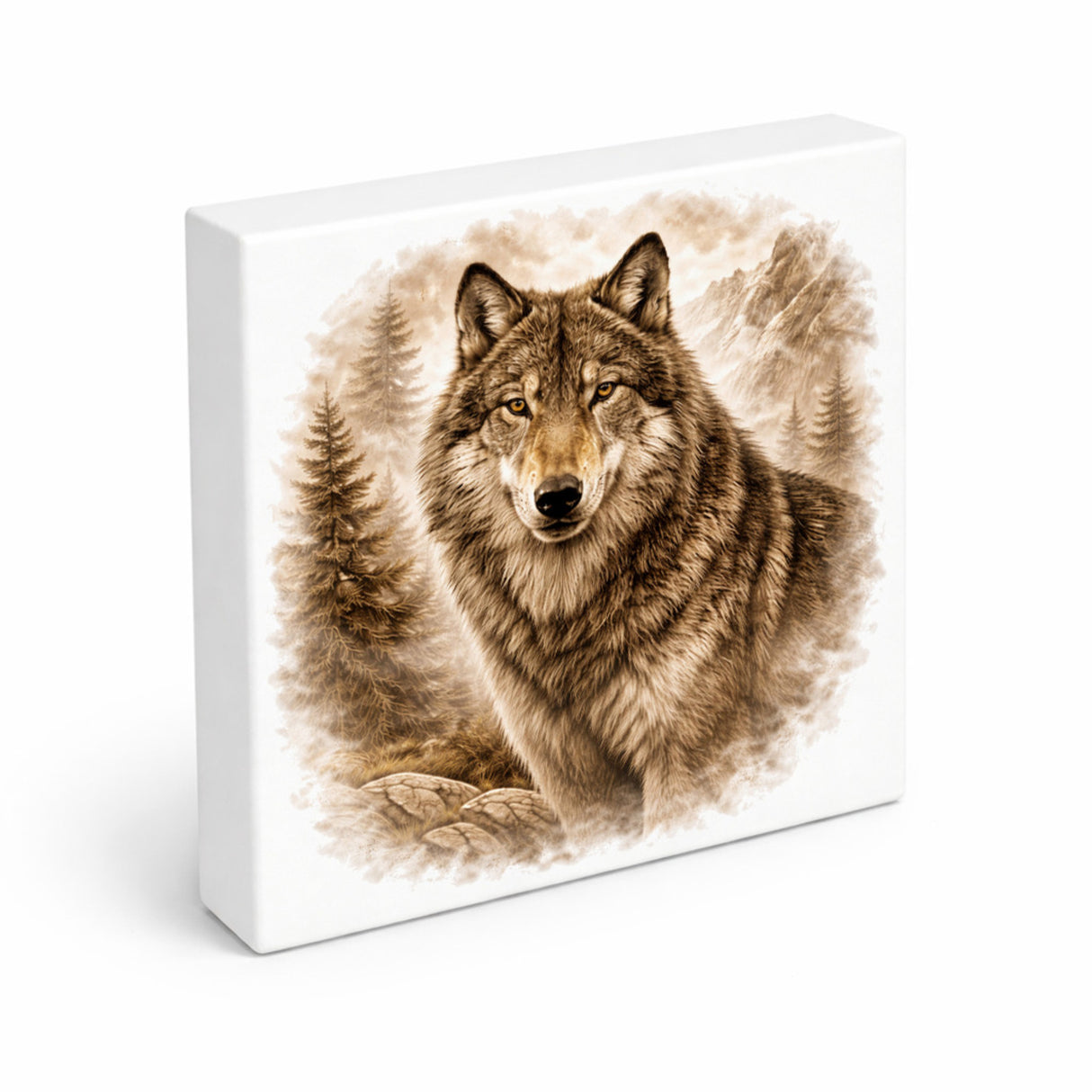 Wolfsmagie Wolf Porträt Holzbild in 10x10 cm zum Stellen oder Aufhängen
