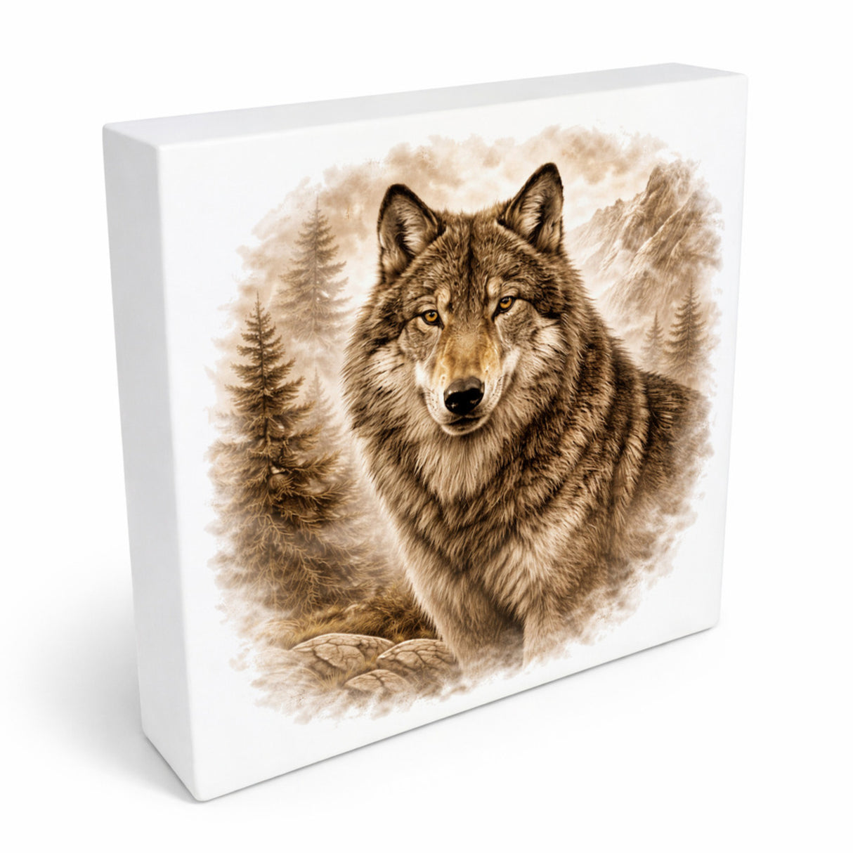 Wolfsmagie Wolf Porträt Holzbild in 10x10 cm zum Stellen oder Aufhängen