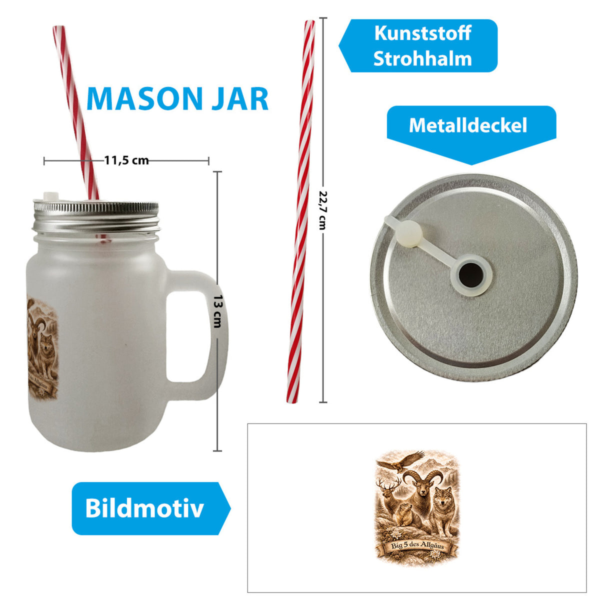 Big 5 des Allgäus Trinkglas mit Bambusdeckel mit Tiermotiven