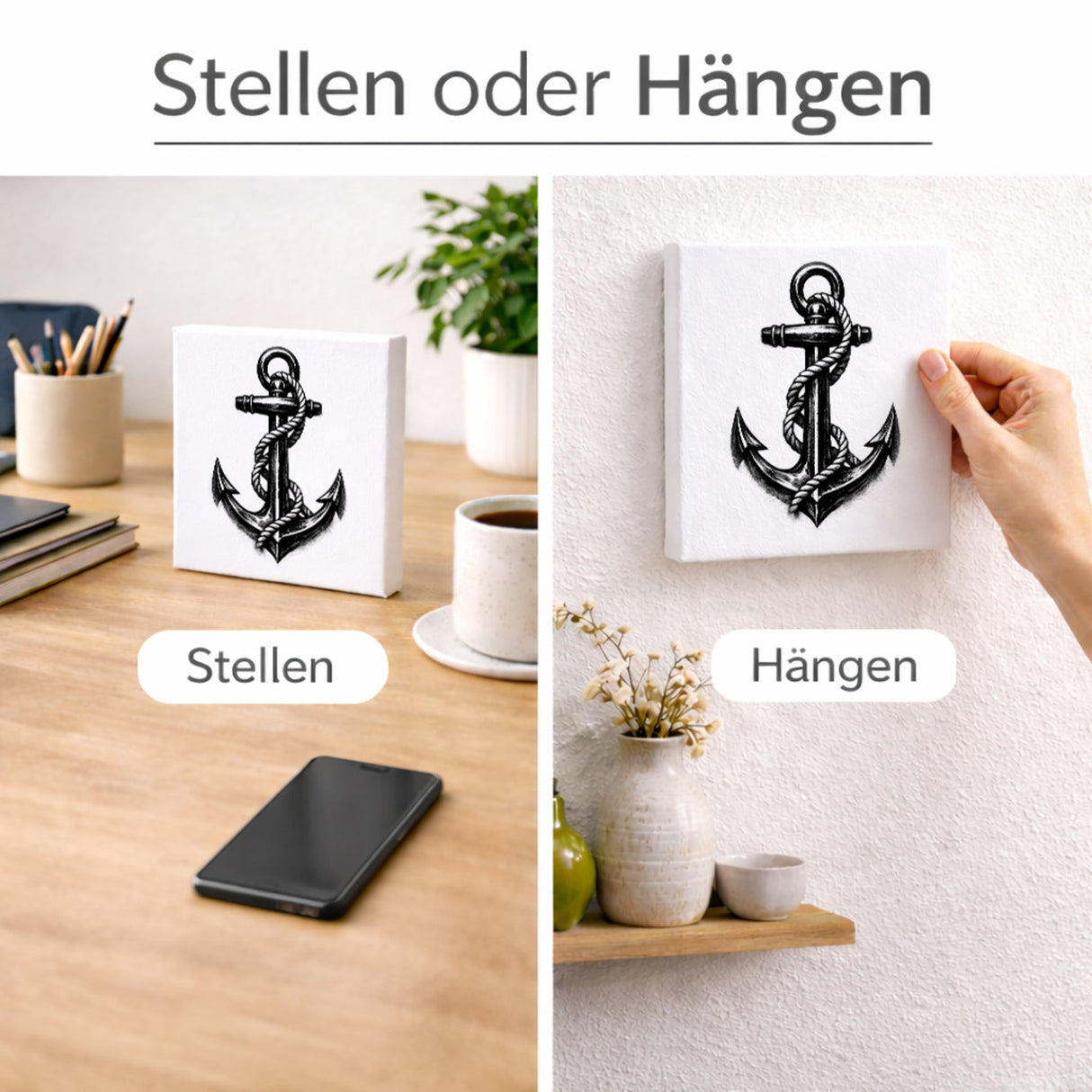 See Geflüster Anker mit Seil Holzbild in 10x10 cm zum Stellen oder Aufhängen