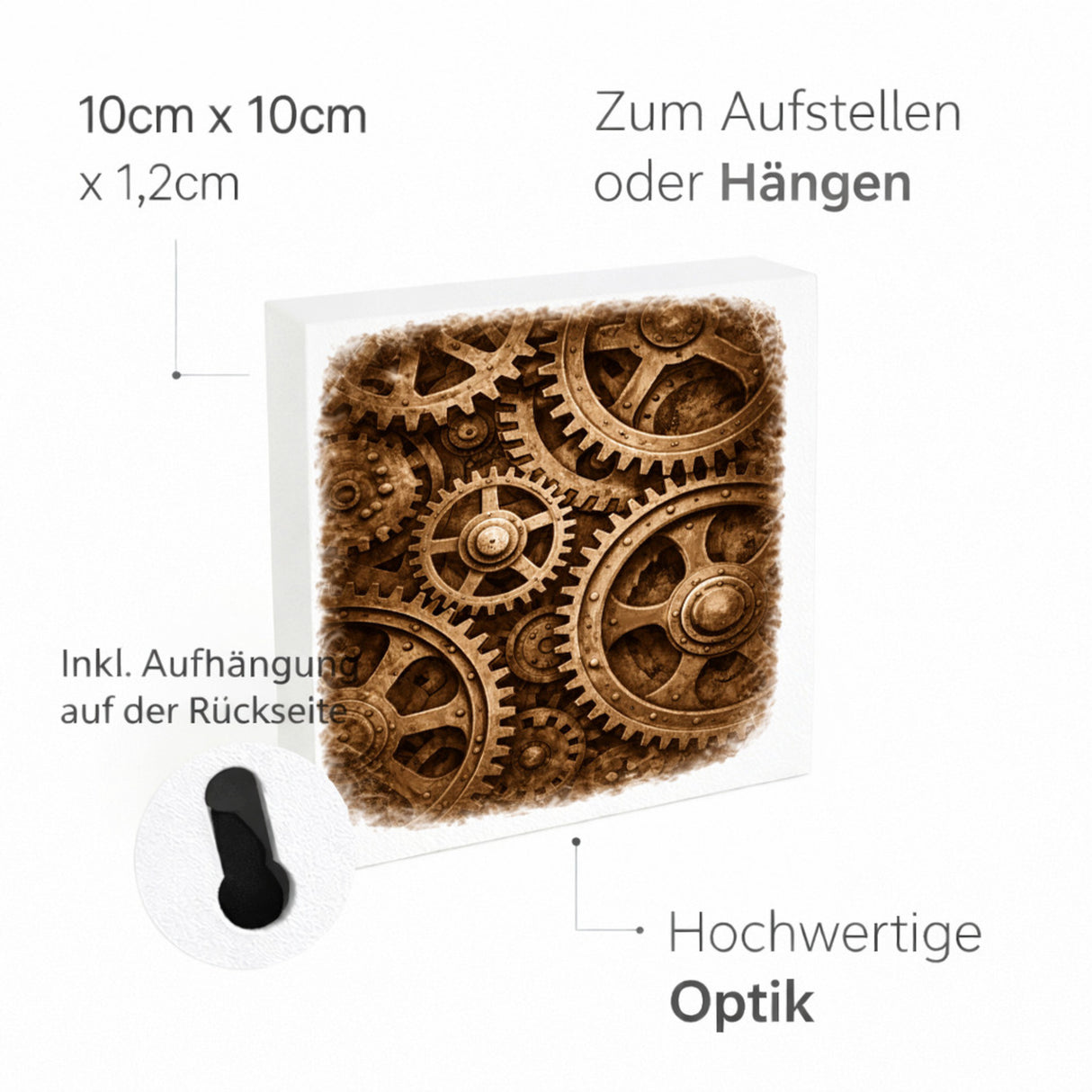 Vintage Energy Zahnräder Holzbild in 10x10 cm zum Stellen oder Aufhängen