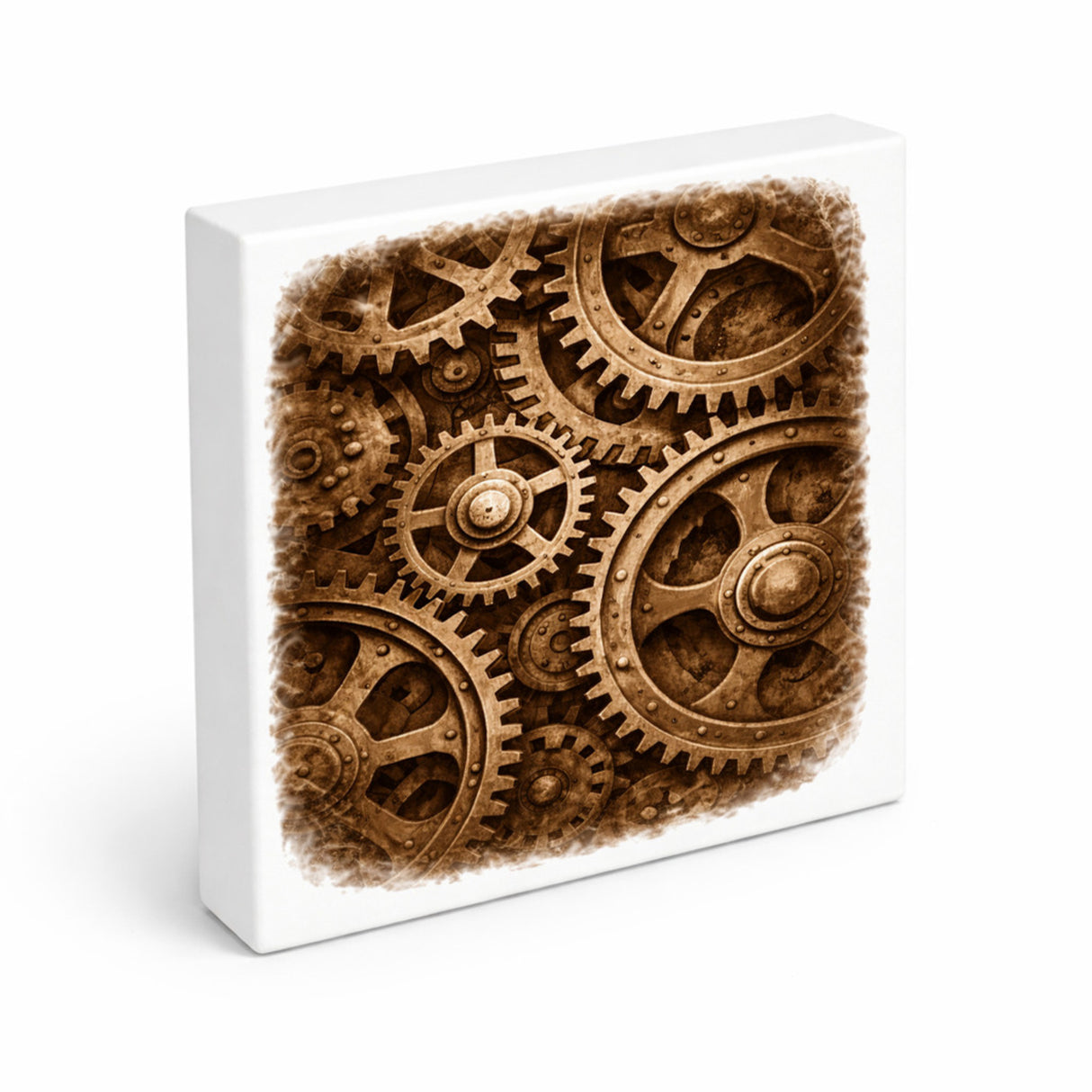 Vintage Energy Zahnräder Holzbild in 10x10 cm zum Stellen oder Aufhängen