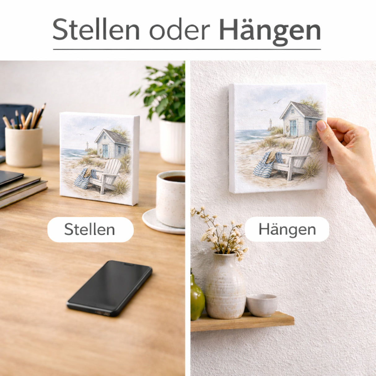 Inselträume Strandhaus am Meer Holzbild in 10x10 cm zum Stellen oder Aufhängen