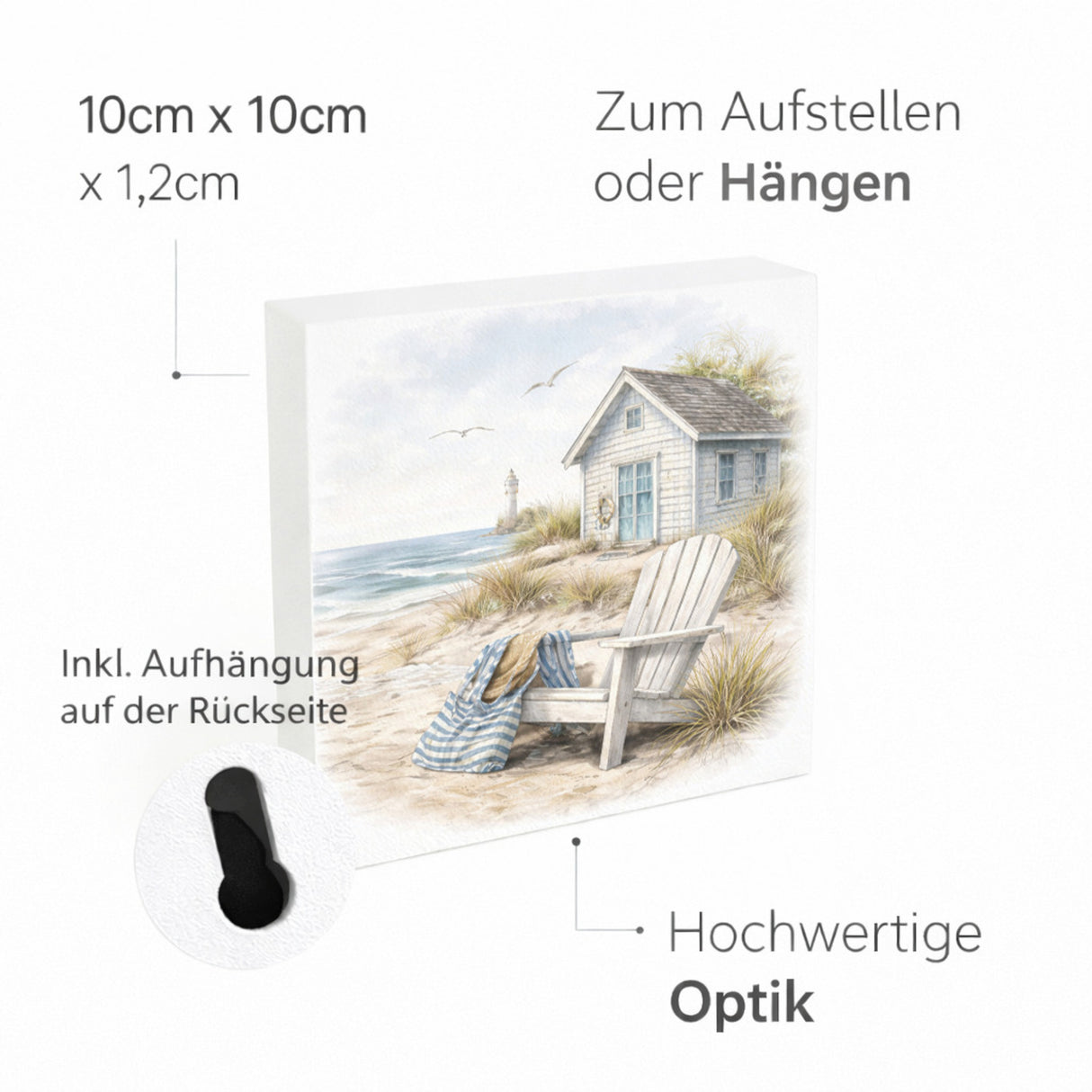 Inselträume Strandhaus am Meer Holzbild in 10x10 cm zum Stellen oder Aufhängen