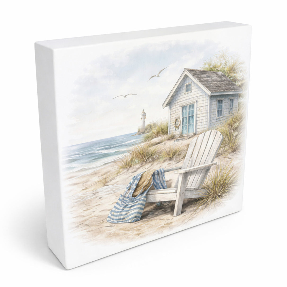 Inselträume Strandhaus am Meer Holzbild in 10x10 cm zum Stellen oder Aufhängen