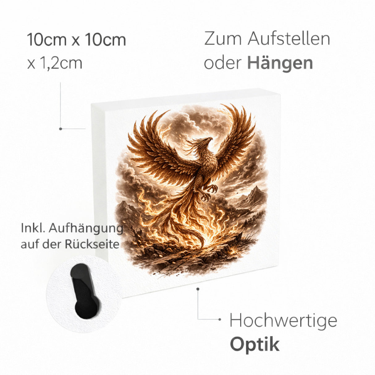 Mythos Freiheit Feuervogel Phönix Holzbild in 10x10 cm zum Stellen oder Aufhängen