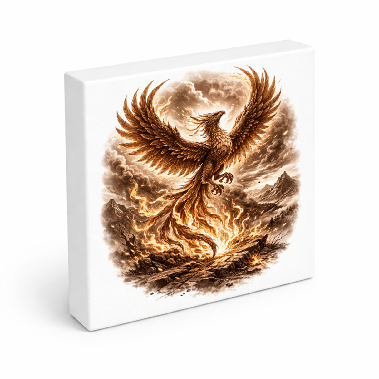 Mythos Freiheit Feuervogel Phönix Holzbild in 10x10 cm zum Stellen oder Aufhängen