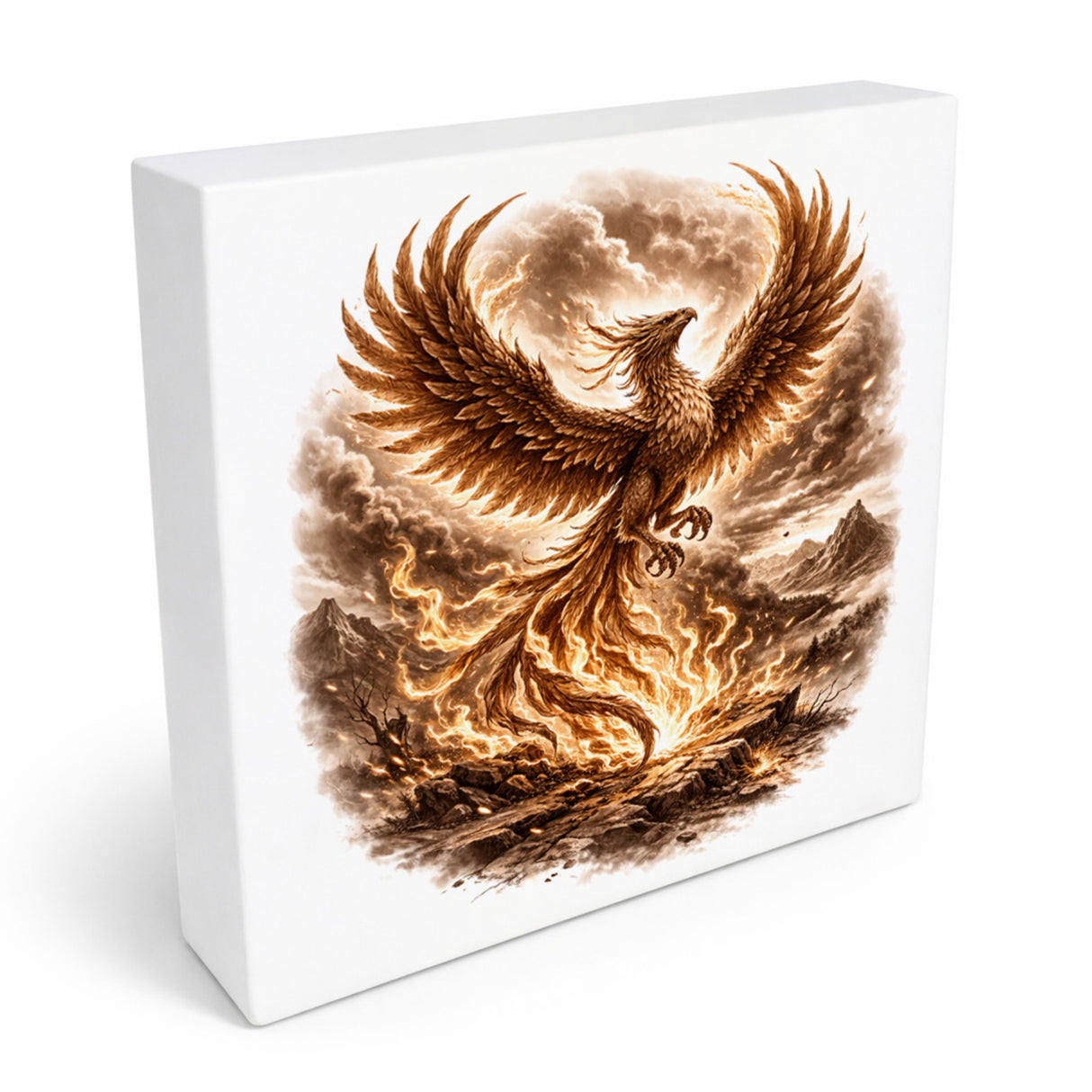 Mythos Freiheit Feuervogel Phönix Holzbild in 10x10 cm zum Stellen oder Aufhängen
