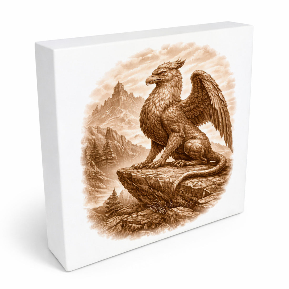 Mythos Freiheit Greif auf Felsen Holzbild in 10x10 cm zum Stellen oder Aufhängen