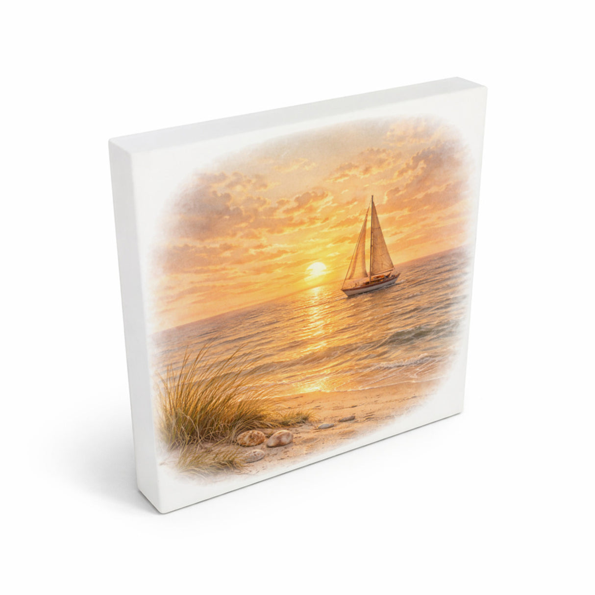 Sonnenuntergang Idylle Segelboot Sonnenuntergang Holzbild in 10x10 cm zum Stellen oder Aufhängen