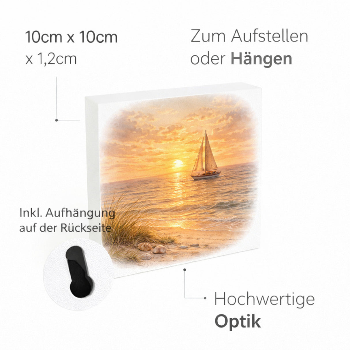 Sonnenuntergang Idylle Segelboot Sonnenuntergang Holzbild in 10x10 cm zum Stellen oder Aufhängen