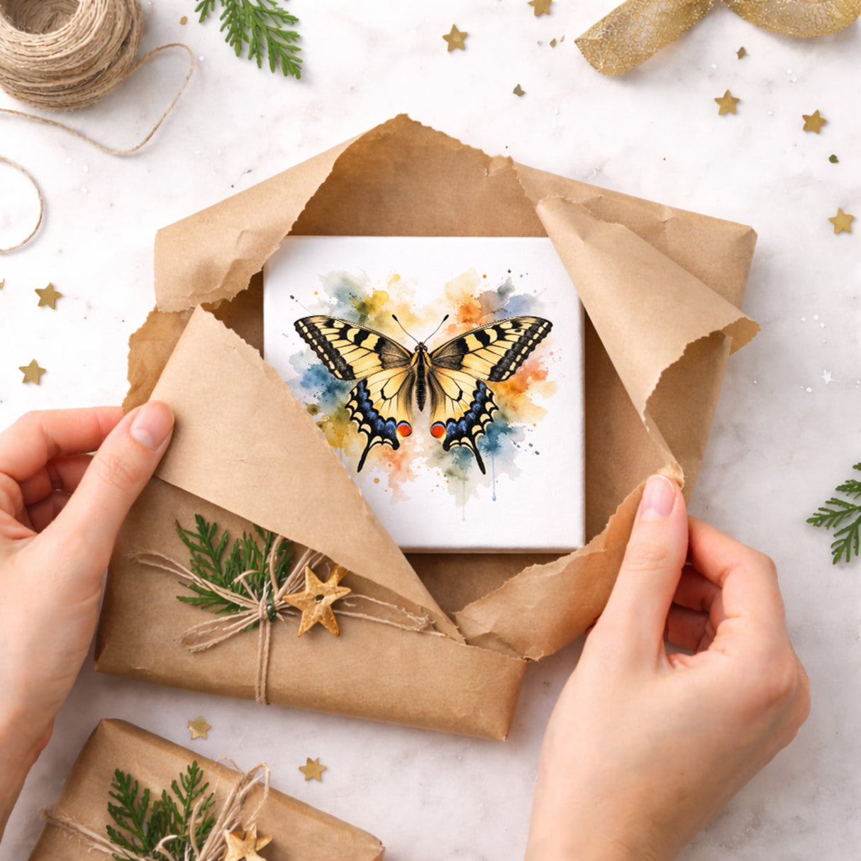 Schmetterlingszauber Schwalbenschwanz Holzbild in 10x10 cm zum Stellen oder Aufhängen