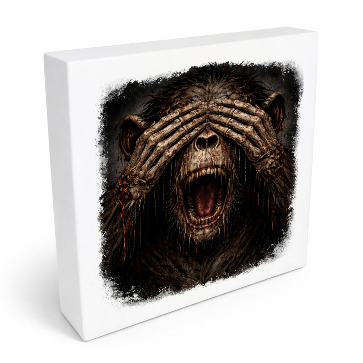 Drei weise Zombie Affen nichts sehen Holzbild in 10x10 cm zum Stellen oder Aufhängen