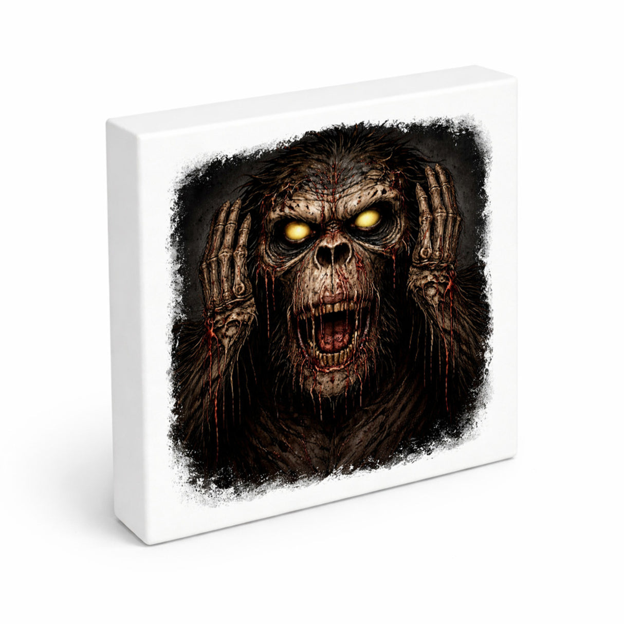 Drei weise Zombie Affen nichts hören Holzbild in 10x10 cm zum Stellen oder Aufhängen