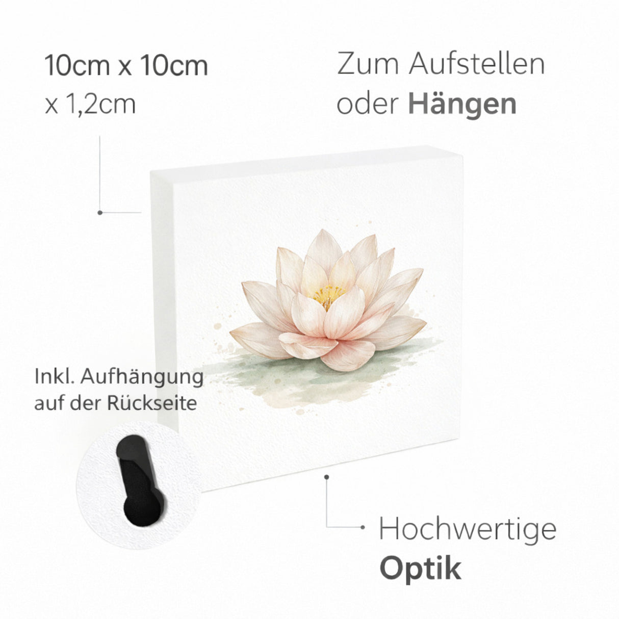 Ruhe Quelle Lotusblüte Holzbild in 10x10 cm zum Stellen oder Aufhängen
