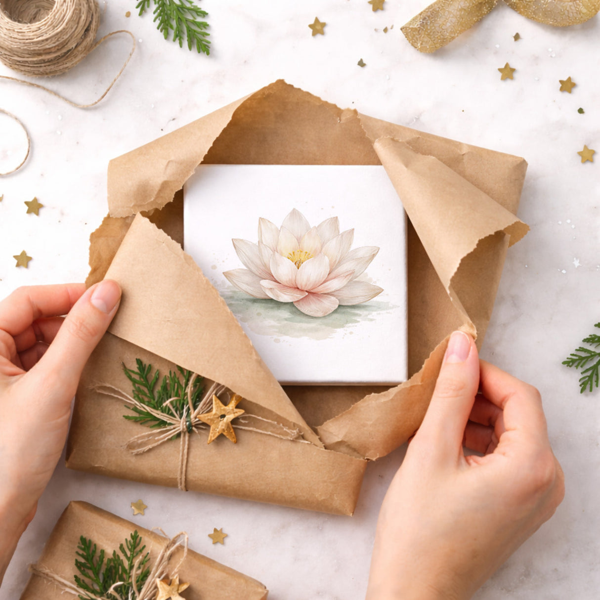 Ruhe Quelle Lotusblüte Holzbild in 10x10 cm zum Stellen oder Aufhängen