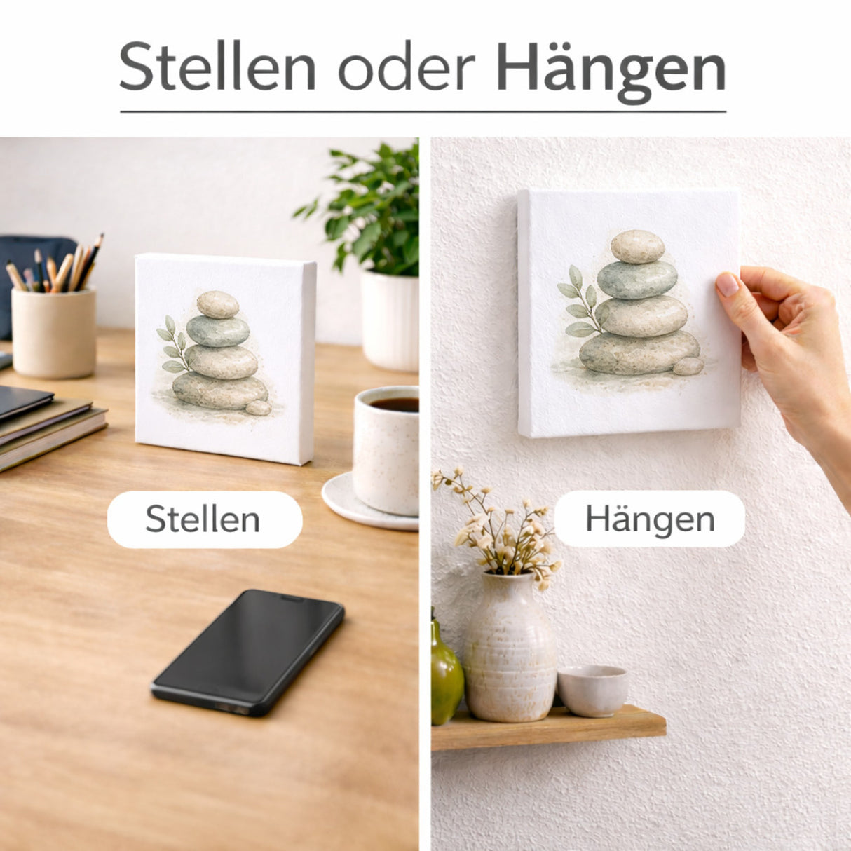 Ruhe Quelle Steinturm Zen Holzbild in 10x10 cm zum Stellen oder Aufhängen