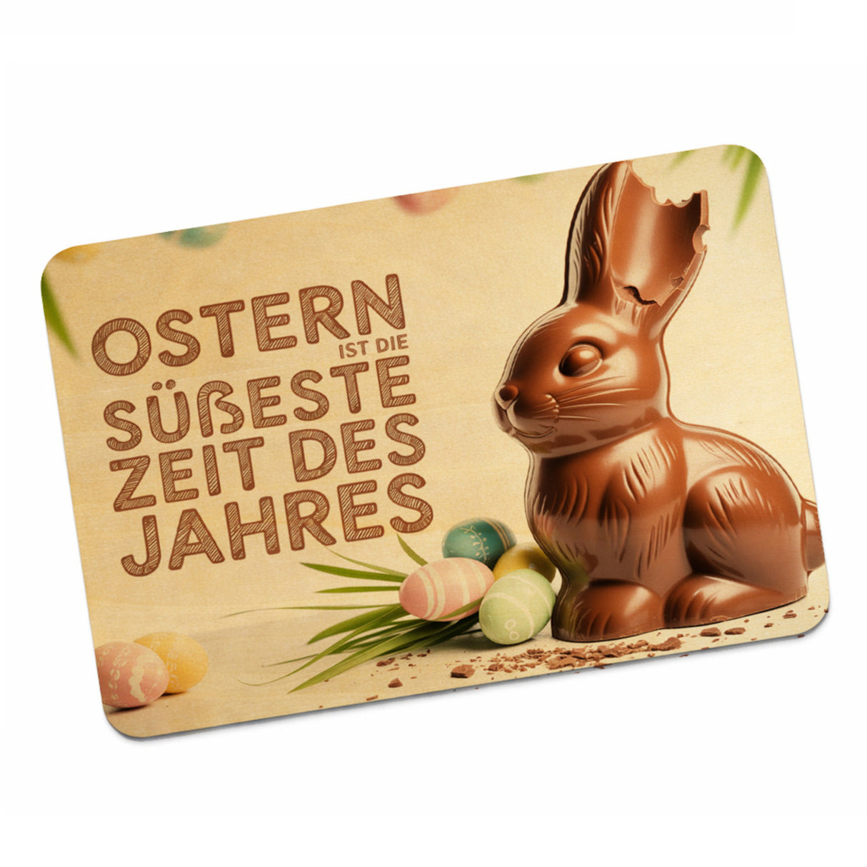 Schokoladen-Osterhase Postkarte aus Holz mit Ostern Spruch