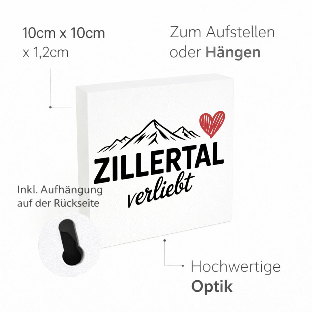 Griaß di im Zillertal! Holzbild in 10x10 cm zum Stellen oder Aufhängen mit Berglandschaft