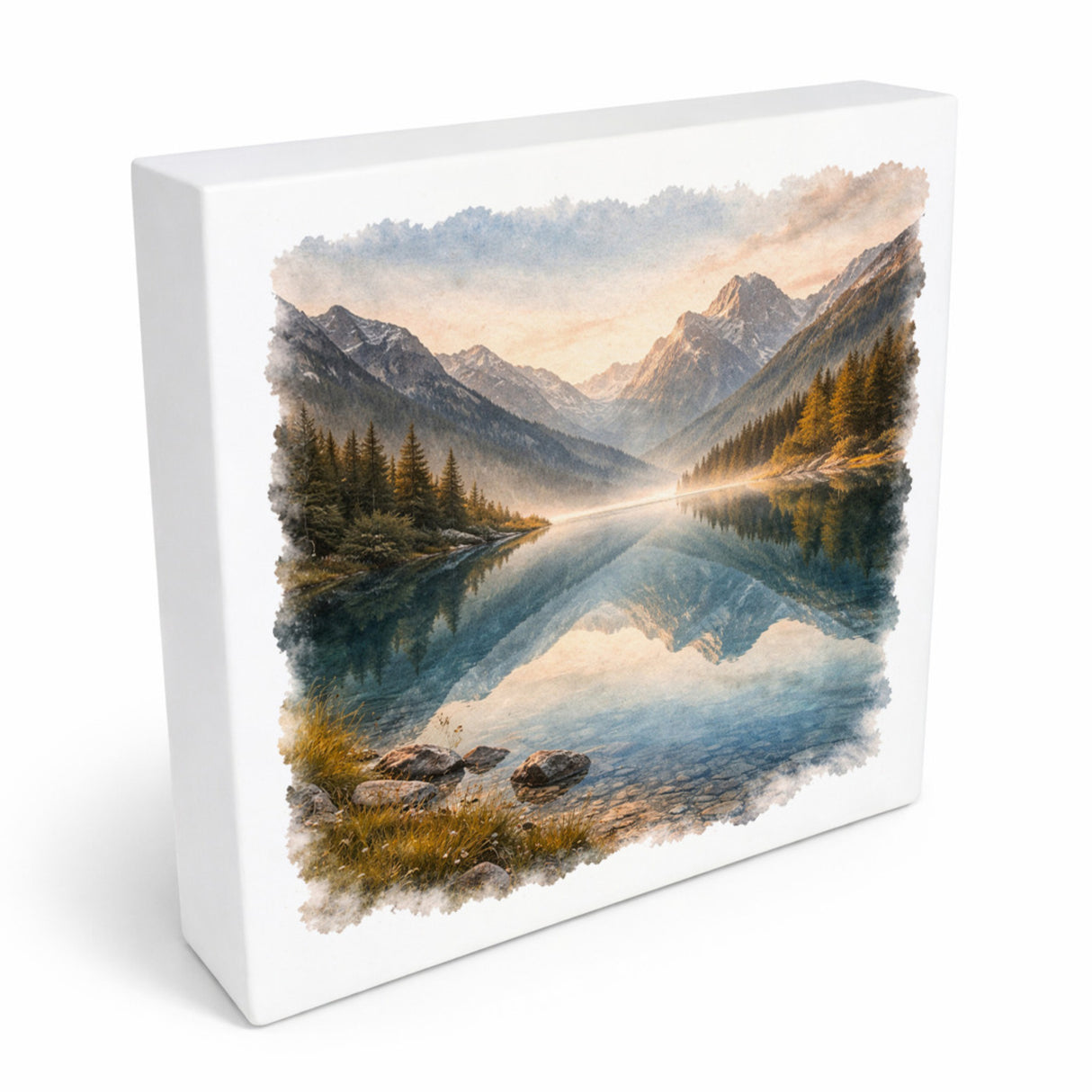 Licht der Berge Bergsee Holzbild in 10x10 cm zum Stellen oder Aufhängen