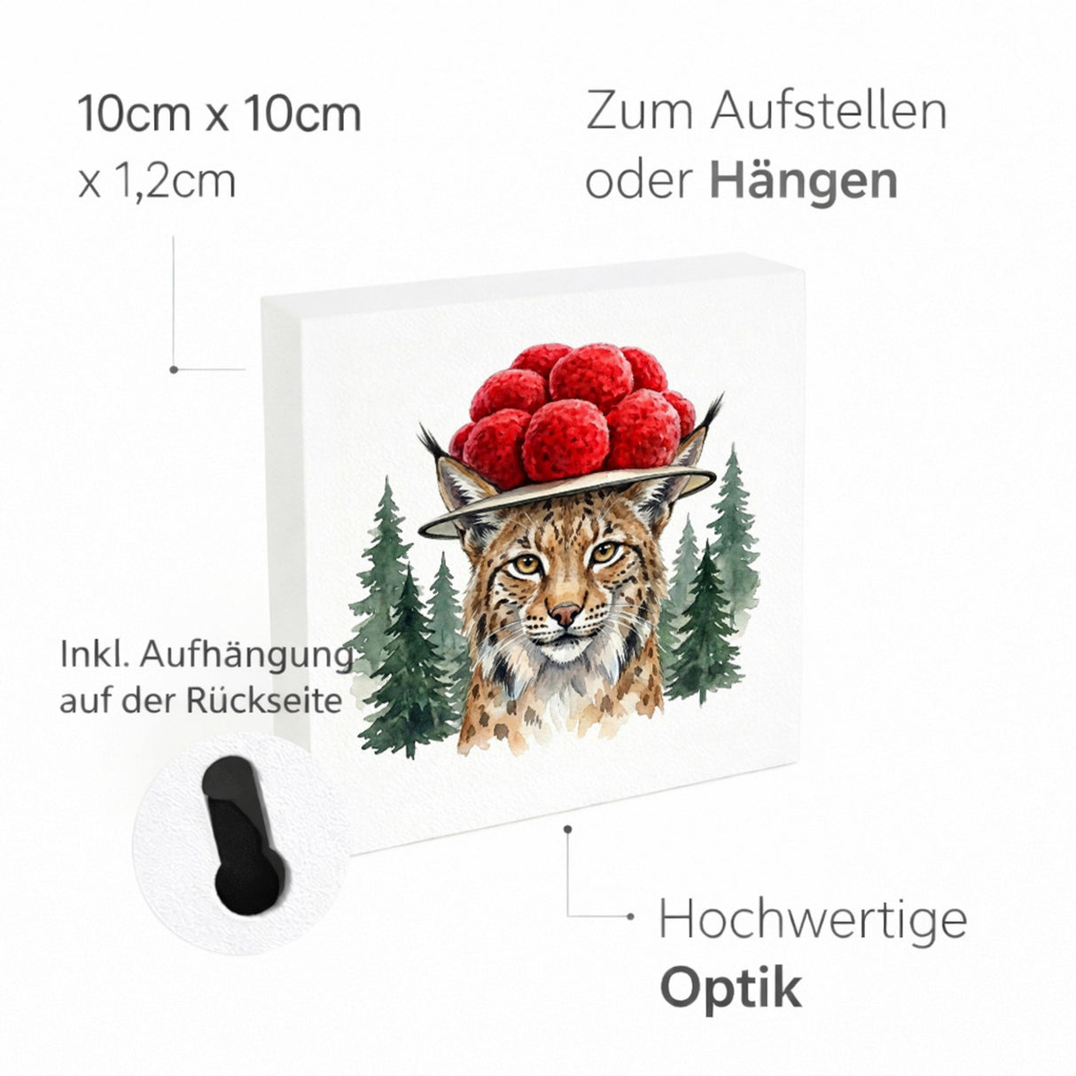Schwarzwald Bollenhut - Wald Tier Luchs Holzbild in 10x10 cm zum Stellen oder Aufhängen