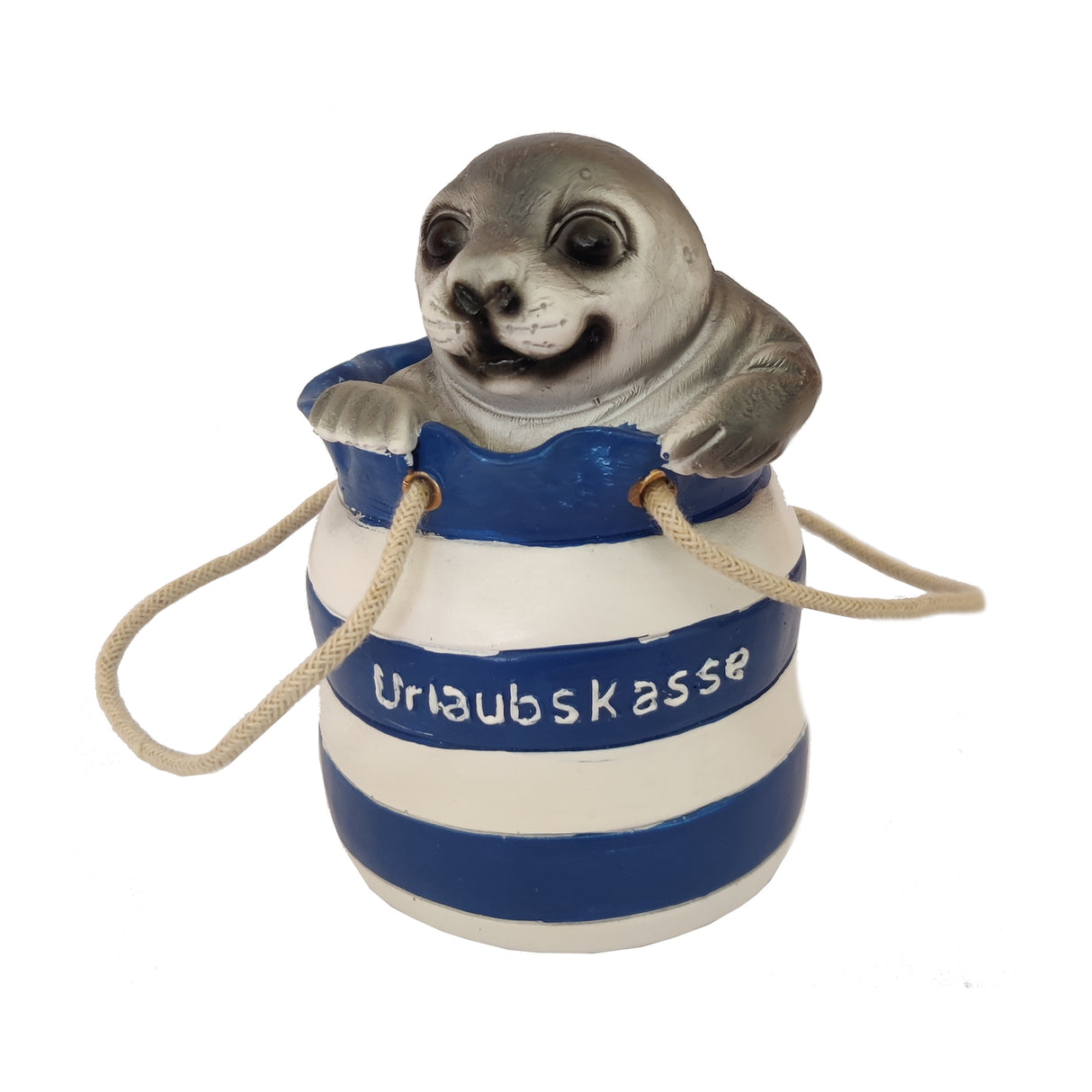 Robbe in Strandtasche Spardose