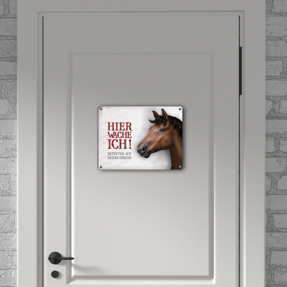 Metallschild mit Pferd Motiv und Spruch: Betreten auf eigene Gefahr - Koppelschild, Warnschild
