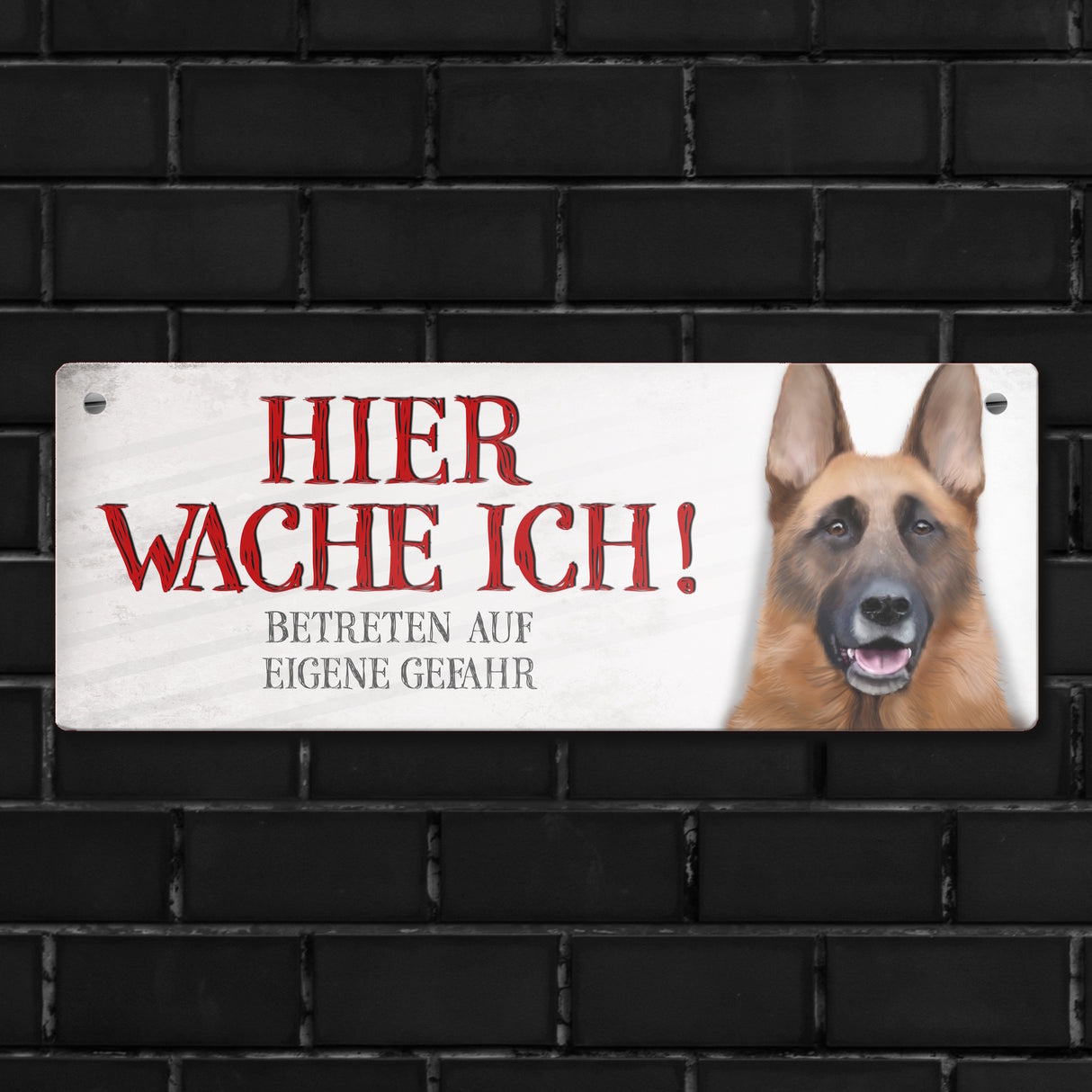 Metallschild mit Schäferhund Motiv und Spruch: Betreten auf eigene Gefahr ...