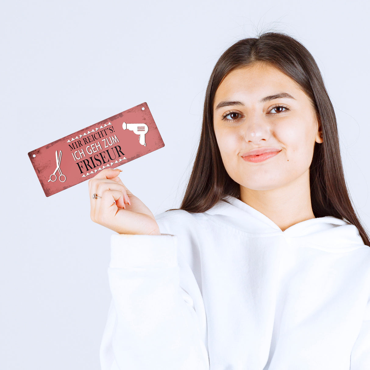 Metallschild mit Spruch: Mir reichts! Ich geh zum Friseur