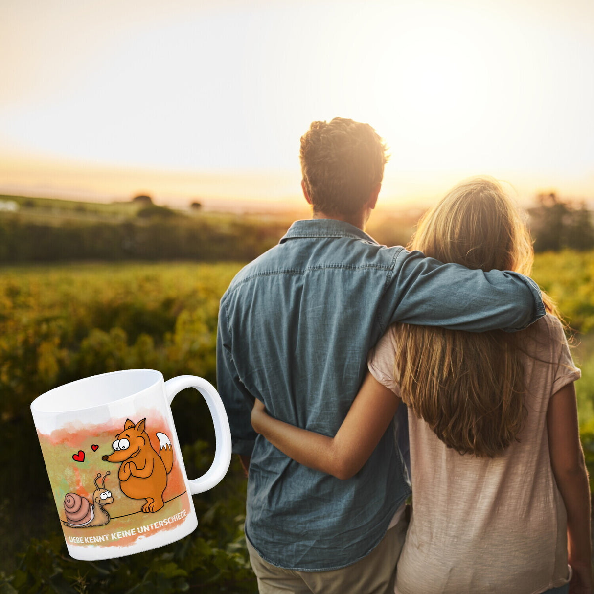 Kaffeebecher mit Fuchs und Schnecke Motiv und Spruch: Liebe kennt keine Unterschiede