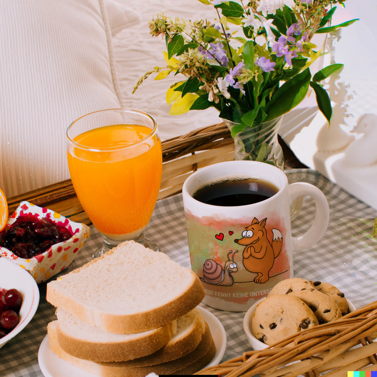 Kaffeebecher mit Fuchs und Schnecke Motiv und Spruch: Liebe kennt keine Unterschiede