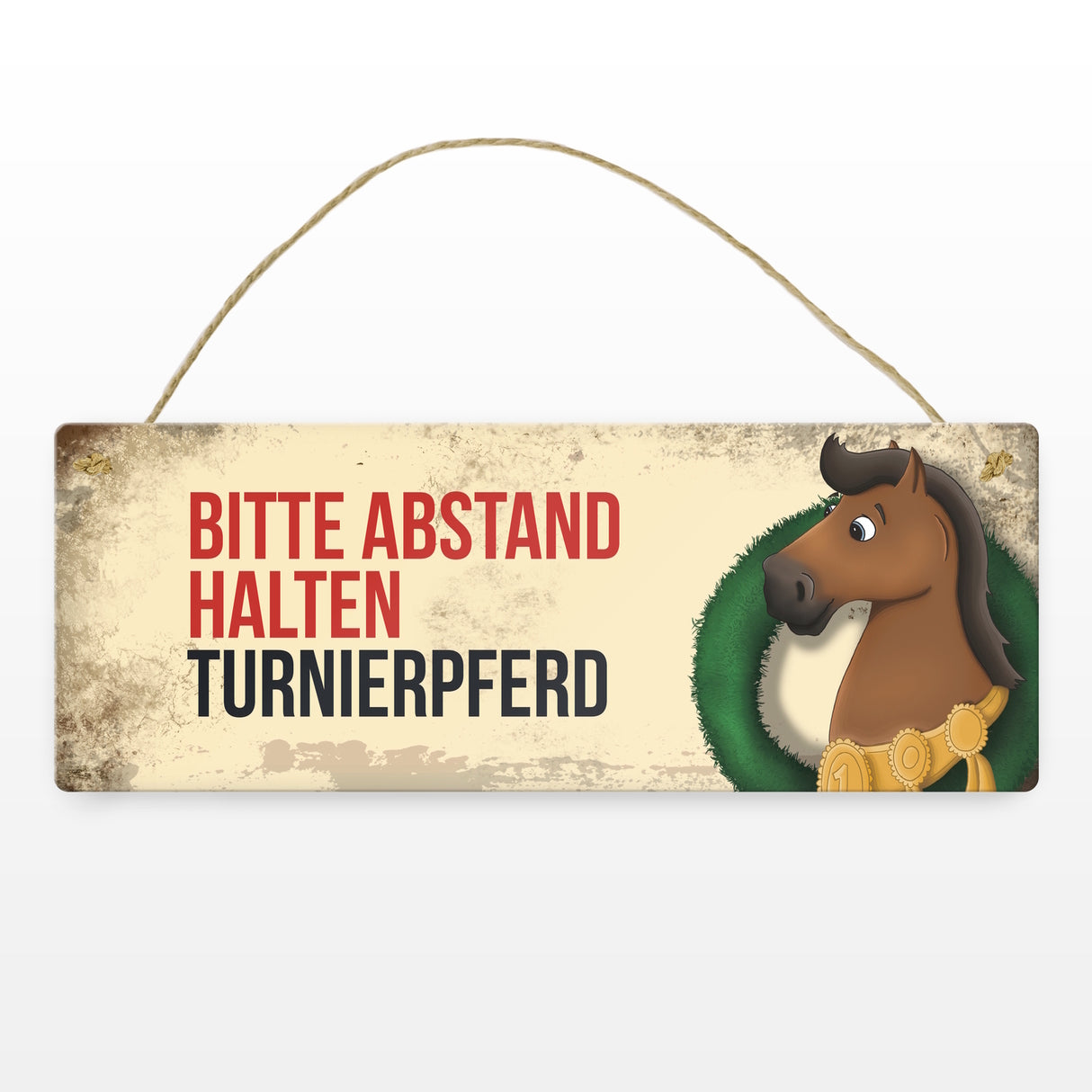 Metallschild mit braunem Turnierpferd Motiv und Spruch: Bitte Abstand halten
