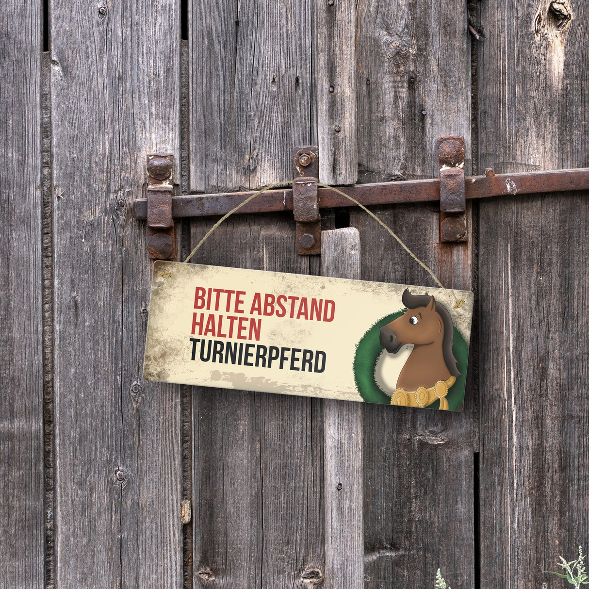 Metallschild mit braunem Turnierpferd Motiv und Spruch: Bitte Abstand halten