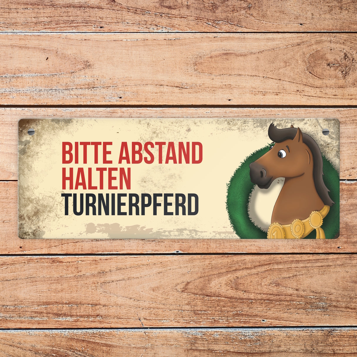 Metallschild mit braunem Turnierpferd Motiv und Spruch: Bitte Abstand halten