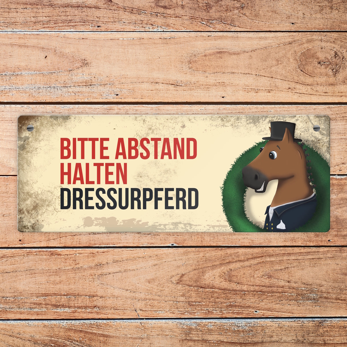 Metallschild mit braunem Dressurpferd Motiv und Spruch: Bitte Abstand halten