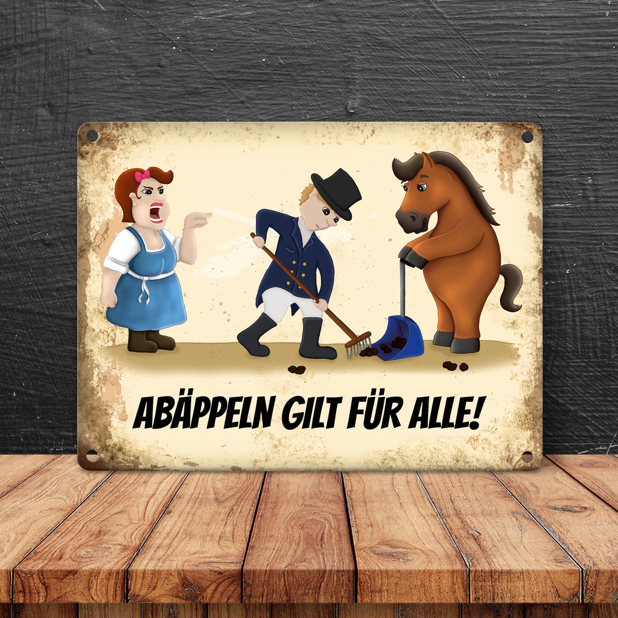 Metallschild mit Reiter und Pferde Motiv und Spruch: Abäppeln gilt für alle Absammeln Pferdeäpfel Reithalle Stall