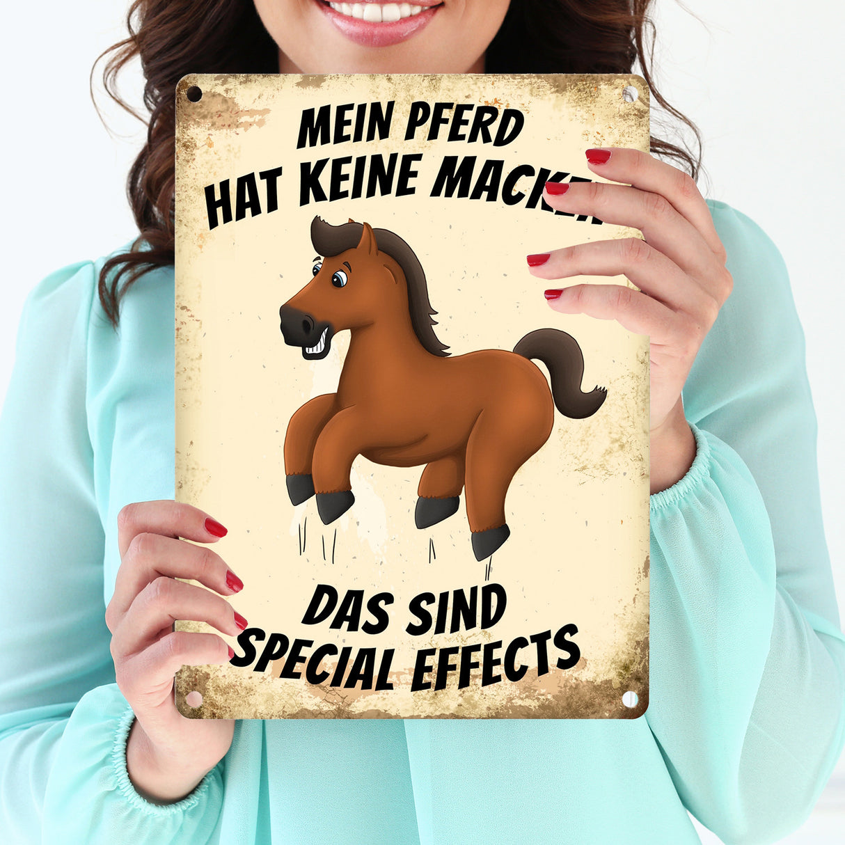 Metallschild mit Pferd Motiv und Spruch: Mein Pferd hat keine Macken, das ...