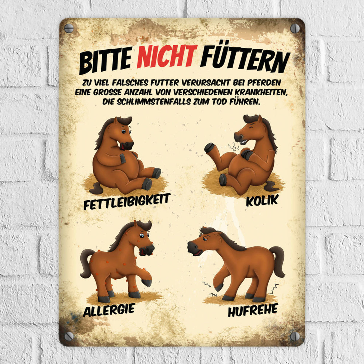 Metallschild mit Pferde Motiv und Spruch: Bitte nicht füttern - Pferd Krankheiten Sammelschild für Koppel und Stall