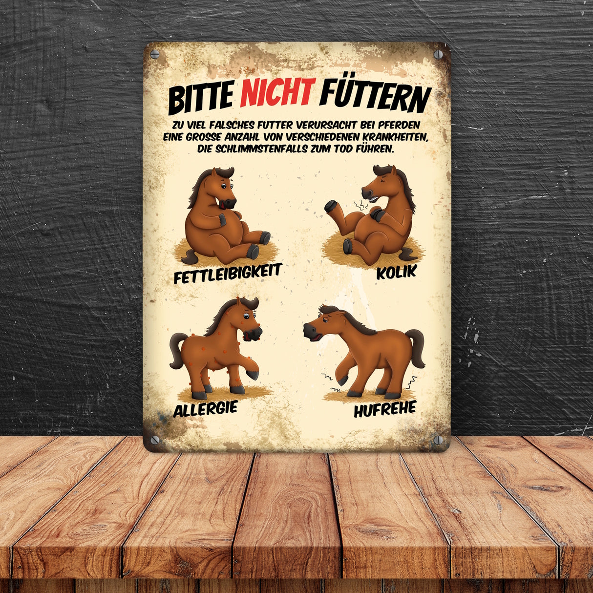 Metallschild mit Pferde Motiv und Spruch: Bitte nicht füttern - Pferd Krankheiten Sammelschild für Koppel und Stall