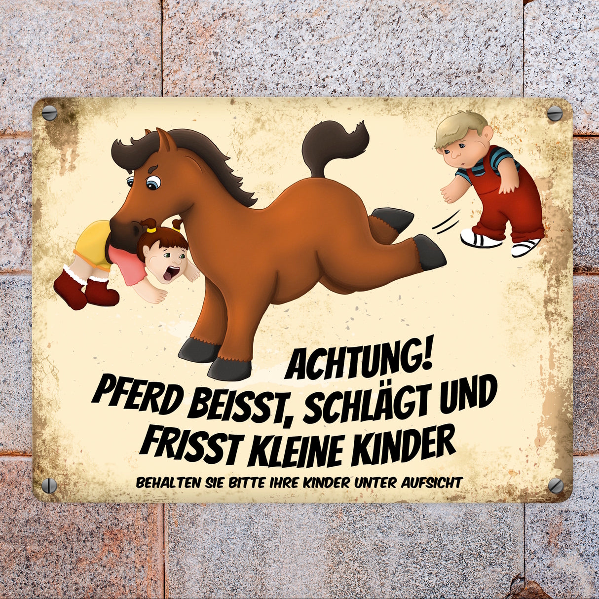 Metallschild mit Pferde Motiv und Spruch: Achtung! Pferd beisst schlägt und frisst kleine Kinder! Warnschild für die Koppel