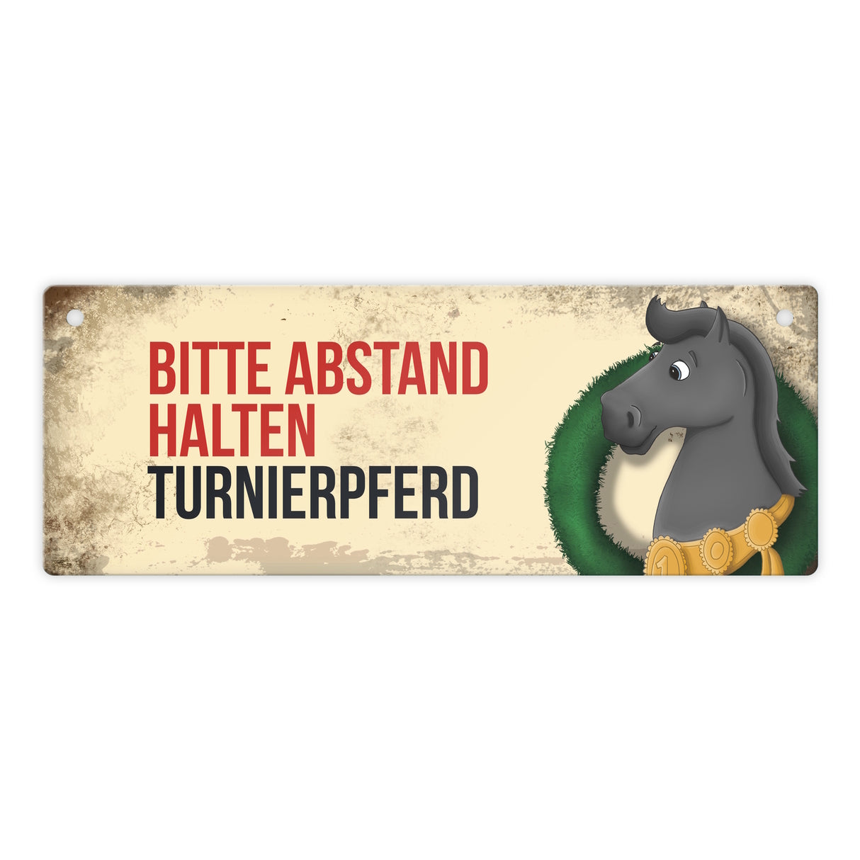 Metallschild mit schwarzem Turnierpferd Motiv und Spruch: Bitte Abstand halten