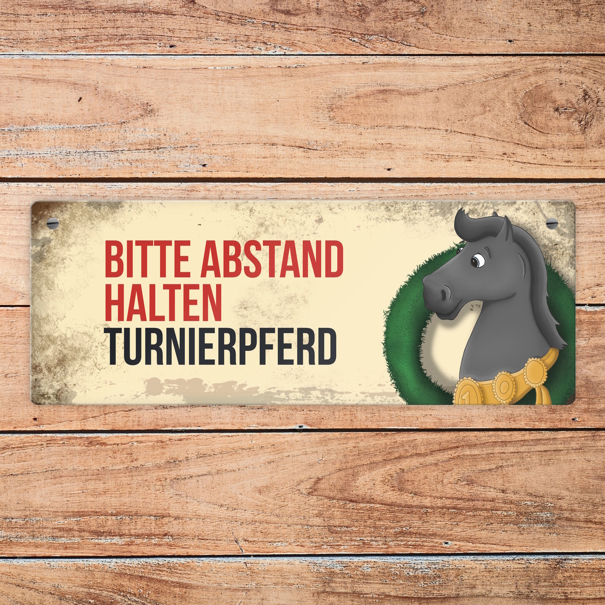 Metallschild mit schwarzem Turnierpferd Motiv und Spruch: Bitte Abstand halten