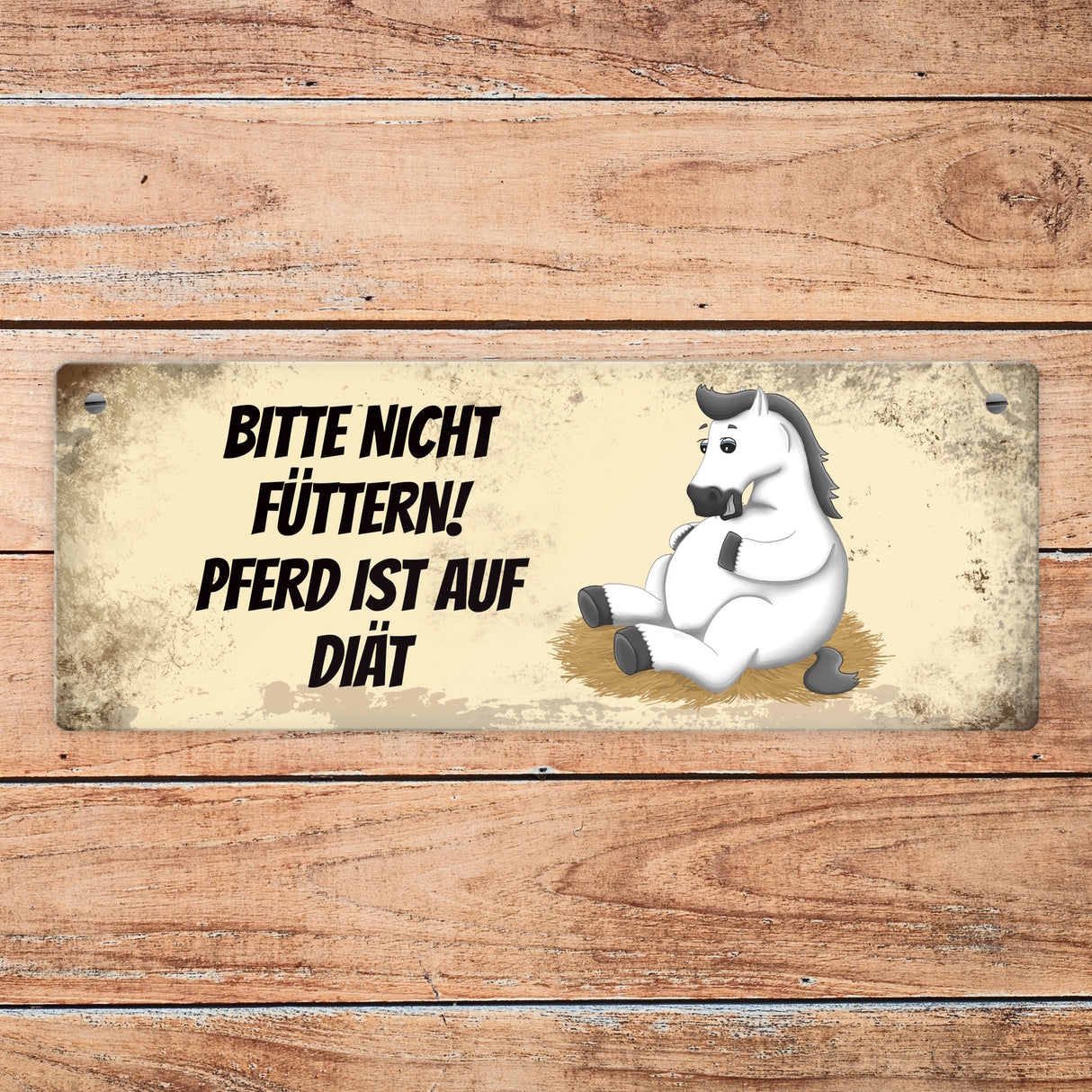 Metallschild mit weißem Pferd Motiv und Spruch: Bitte nicht füttern - Diät