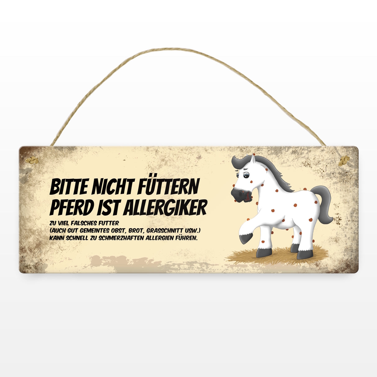 Metallschild mit weißem Pferd Motiv und Spruch: Bitte nicht füttern - Allergiker