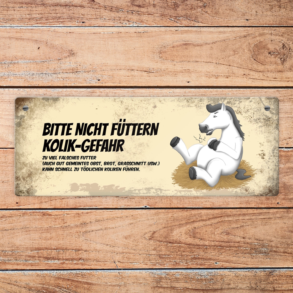 Metallschild mit weißem Pferd Motiv und Spruch: Bitte nicht füttern - Kolik-Gefahr