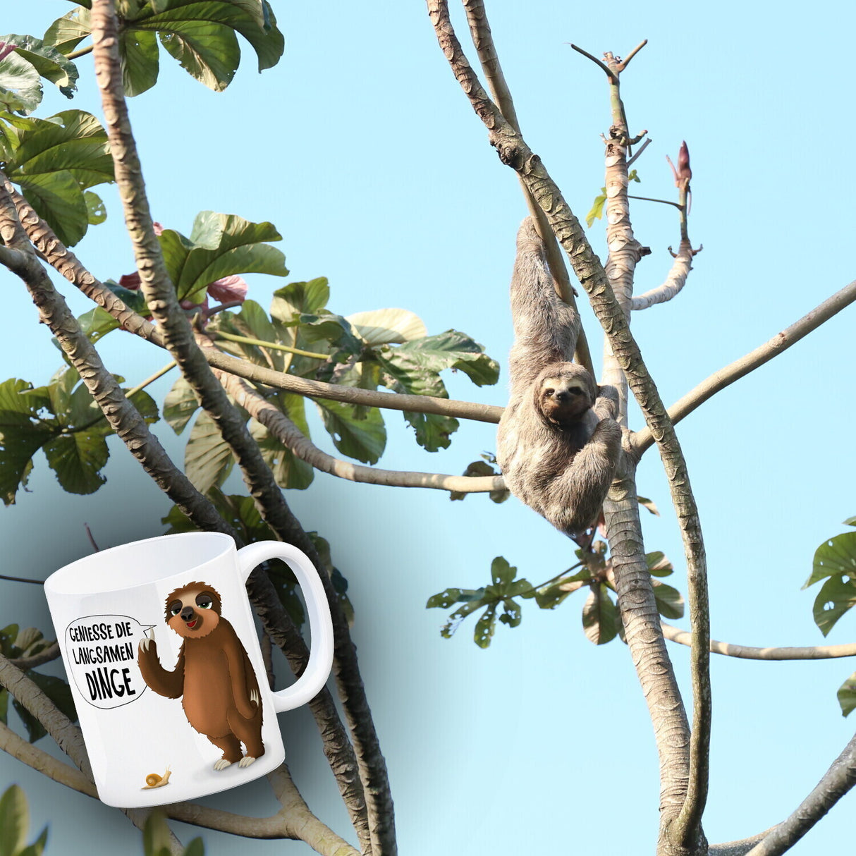 Kaffeebecher mit Faultier und Schnecke Motiv und Spruch: Genieße die langsamen Dinge